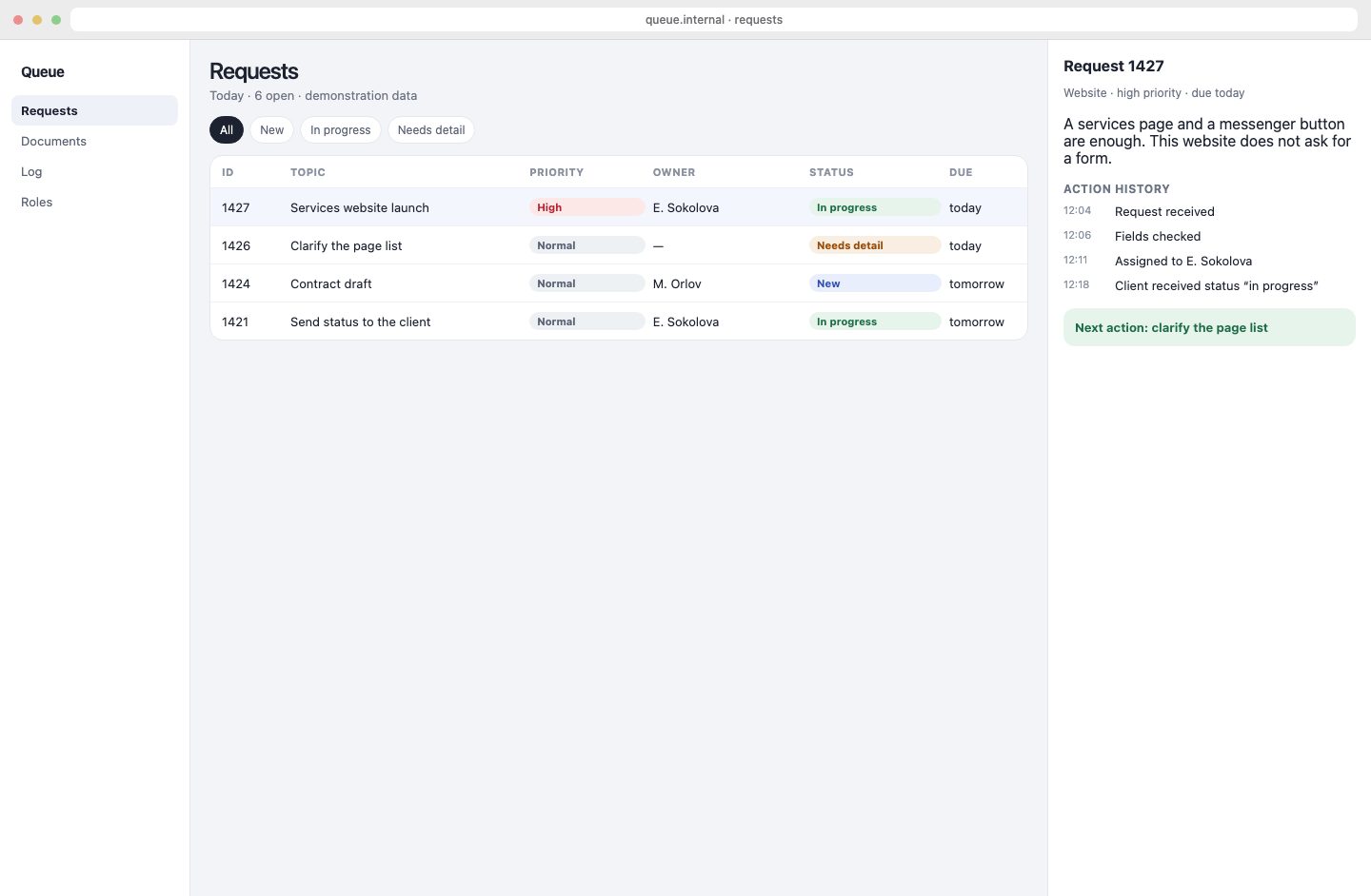 Request panel: a table of tickets, priority, owner and action history.