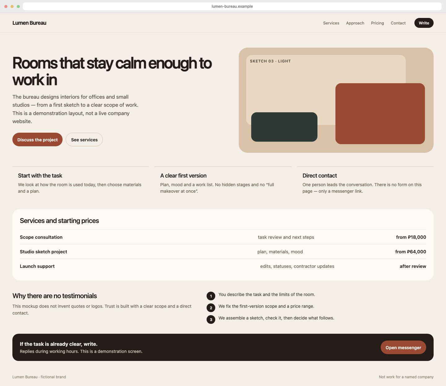 Desktop landing-page mockup for Lumen Bureau: hero, services and a starting price range.