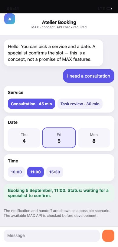 MAX booking bot mockup: service, date, time and a status waiting for a specialist.