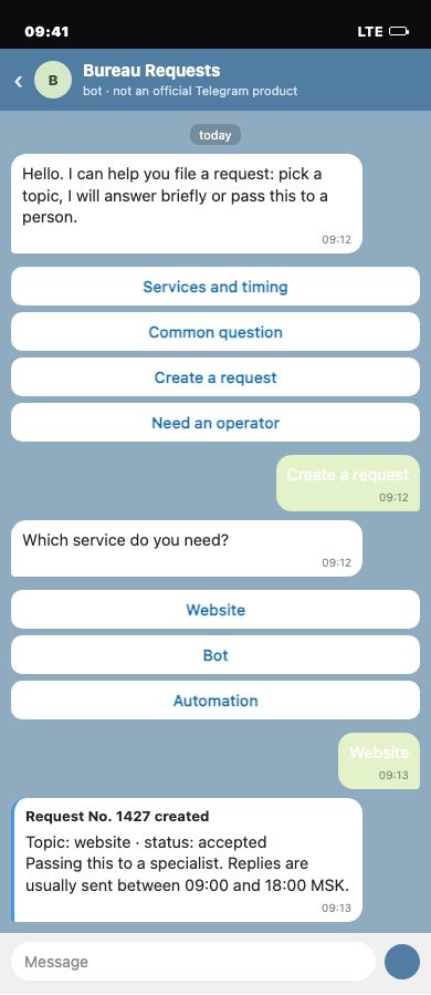 Telegram bot mockup: menu, request No. 1427 and handoff to a specialist.